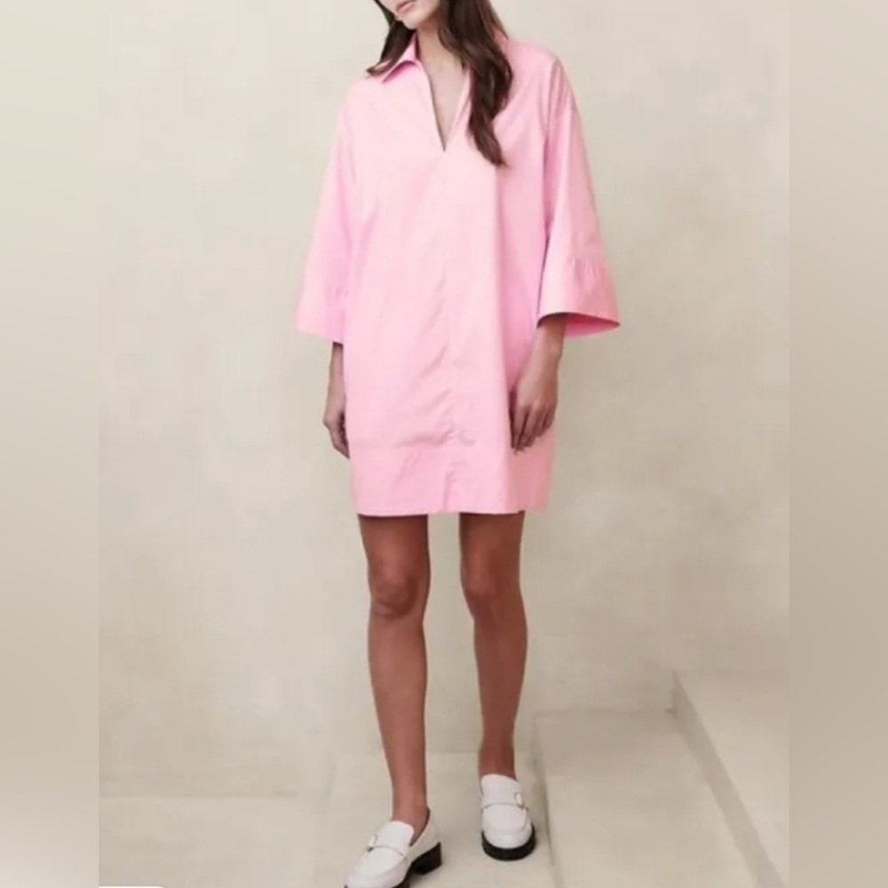Banana Republic Oversized Poplin Shirtdress Collared V Neck 3/4 Sleeves Pink
